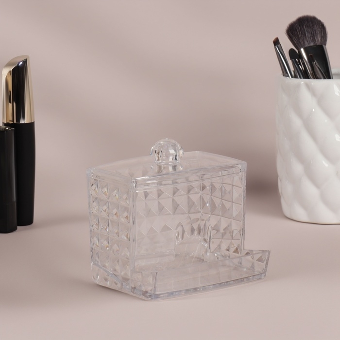 Органайзер для ватных палочек, с крышкой, 8,8 × 7,5 × 8 см, в картонной коробке, цвет прозрачный Органайзер для ватных палочек, с крышкой, 8,8 × 7,5 × 8 см, в картонной коробке, цвет прозрачный