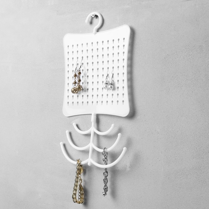 Органайзер для украшений с крючком, 60 пар, 6 крючков, пластик, 20×0,5×35 см, цвет белый Органайзер для украшений с крючком, 60 пар, 6 крючков, пластик, 20×0,5×35 см, цвет белый