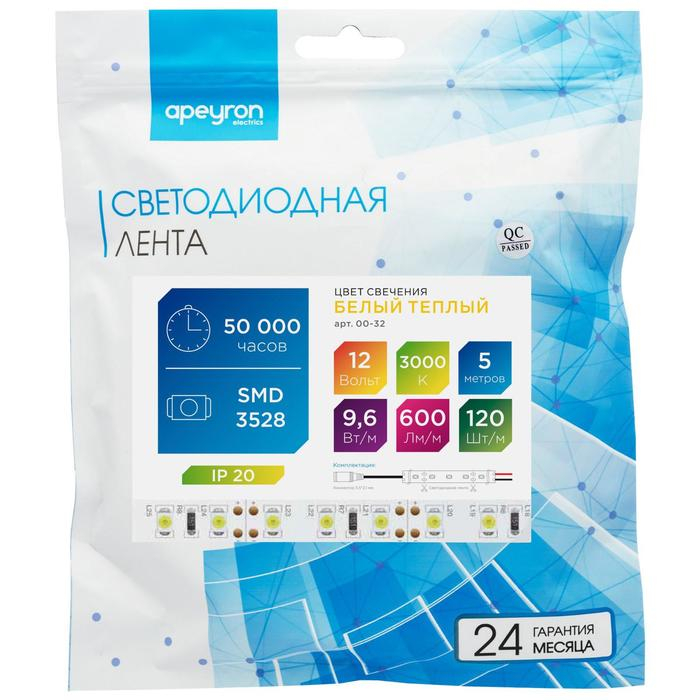 Светодиодная лента Apeyron Electrics 5 м, IP20, SMD3528, 120 LED/м, 9.6 Вт/м, 12 В, 3000К