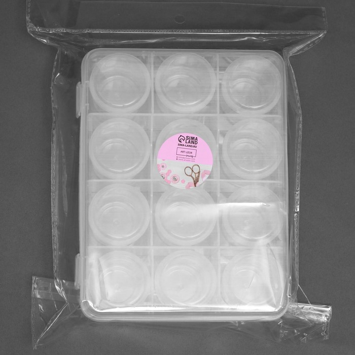 Набор баночек для рукоделия, 12 шт, d = 4,2 × 5,5 см, в контейнере, 18,5 × 14 × 5 см, цвет прозрачный Набор баночек для рукоделия, 12 шт, d = 4,2 × 5,5 см, в контейнере, 18,5 × 14 × 5 см, цвет прозрачный