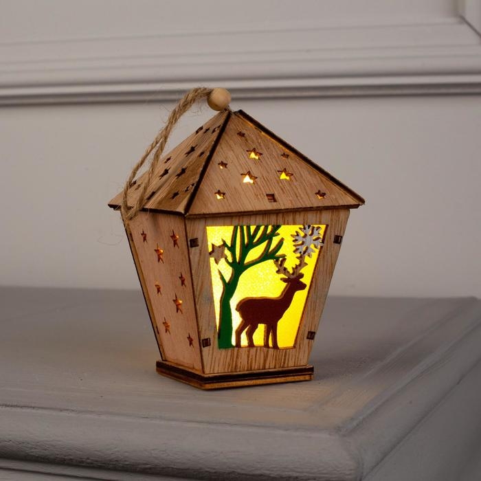 Ёлочная игрушка «Фонарь с оленем», от батареек, свечение тёплое белое Ёлочная игрушка «Фонарь с оленем», от батареек, свечение тёплое белое