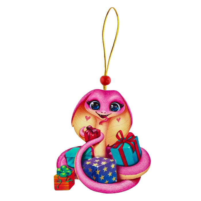 Ёлочная игрушка - подвеска деревянная «Новый год! Змея с подарками», символ года 2025 Ёлочная игрушка - подвеска деревянная «Новый год! Змея с подарками», символ года 2025