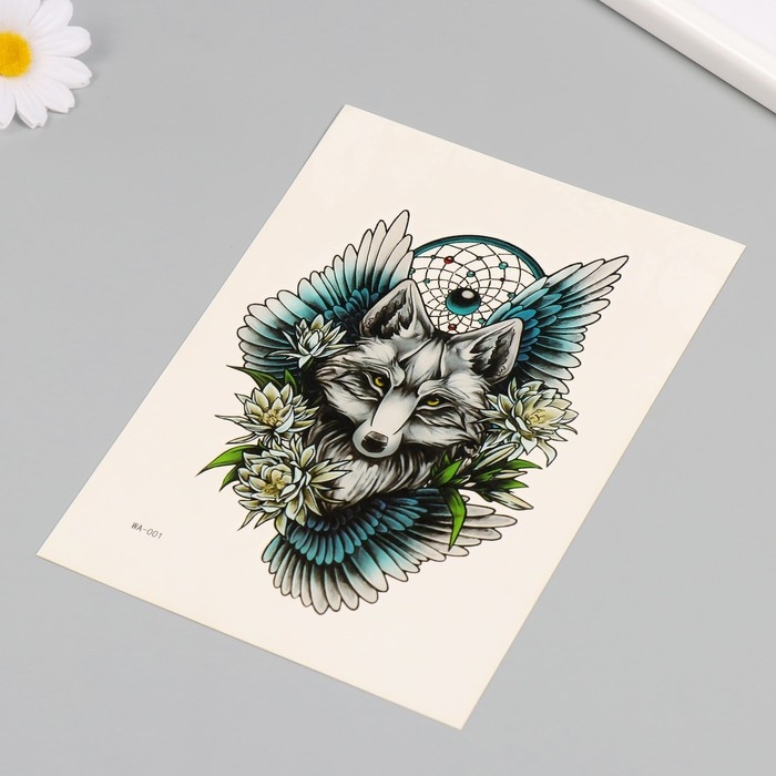 Татуировка на тело цветная Татуировка на тело цветная "Волк на фоне крыльев" 26,1х14,6 см