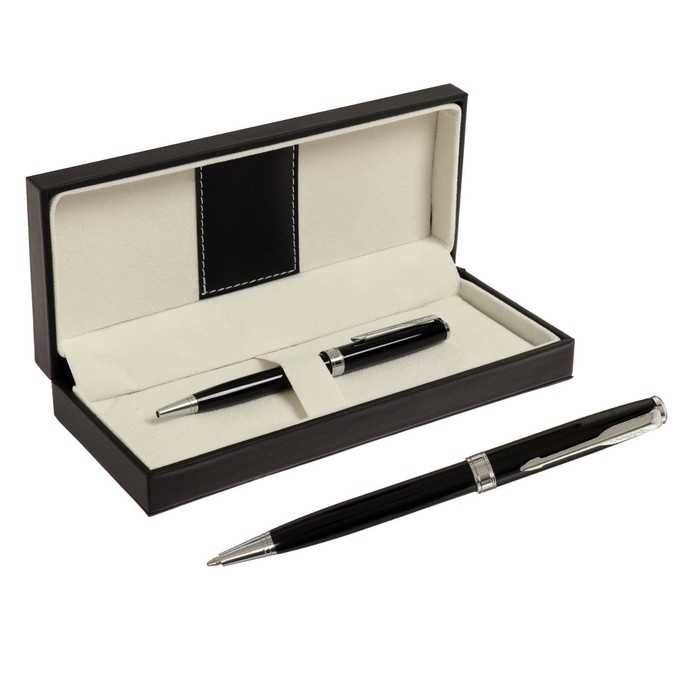 Ручка подарочная шариковая в кожзам футляре поворотная ПБ S, корпус черный/серебро Ручка подарочная шариковая в кожзам футляре поворотная ПБ S, корпус черный/серебро