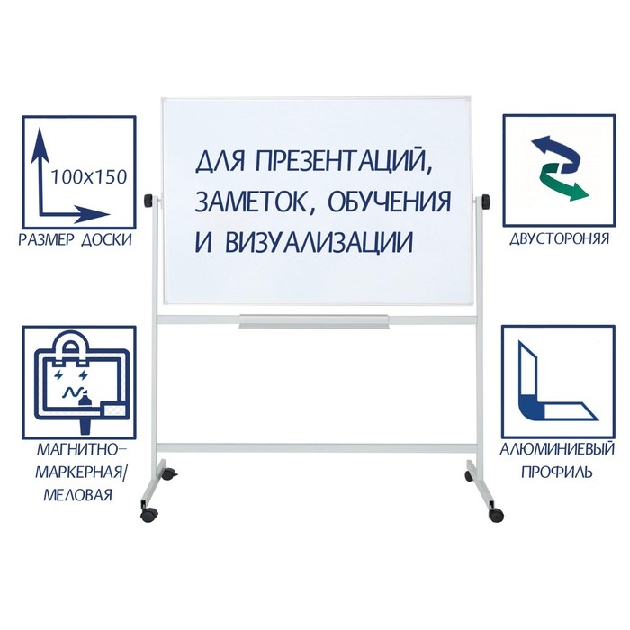 Доска двусторонняя 100х150 см, магнитно-маркерная/меловая, Calligrata СТАНДАРТ, поворотная на мобильном стенде, в алюминиевой рамке, с полочкой Доска двусторонняя 100х150 см, магнитно-маркерная/меловая, Calligrata СТАНДАРТ, поворотная на мобильном стенде, в алюминиевой рамке, с полочкой