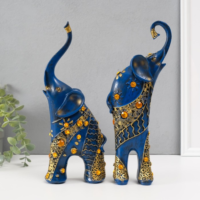 Сувенир полистоун Сувенир полистоун "Синие слоны с оранжевыми стразами" набор 2 шт 28,5х21х8,3 см