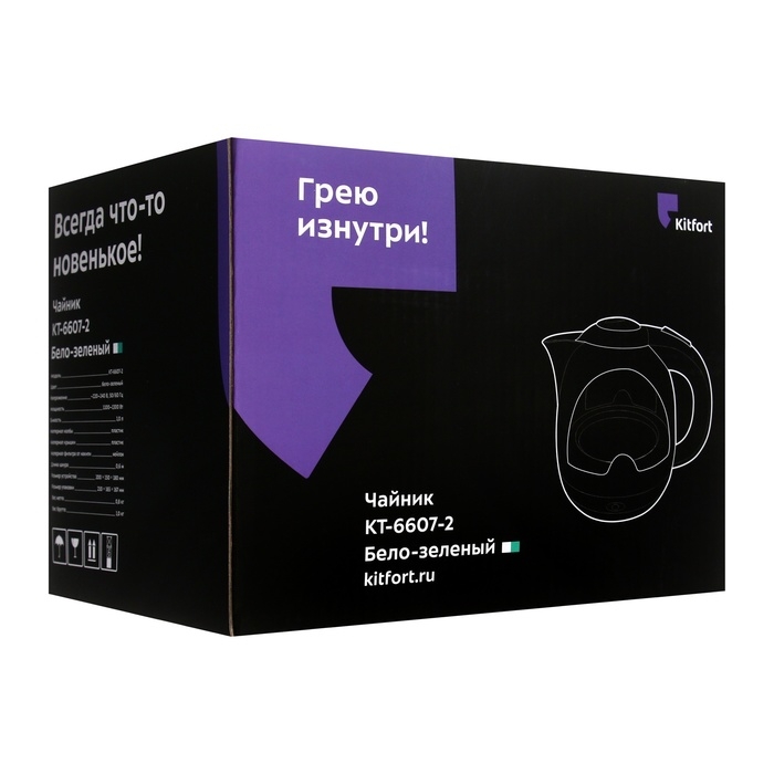 Чайник электрический Kitfort КТ-6607-2, пластик, 1 л, 1300 Вт, бело-зелёный Чайник электрический Kitfort КТ-6607-2, пластик, 1 л, 1300 Вт, бело-зелёный