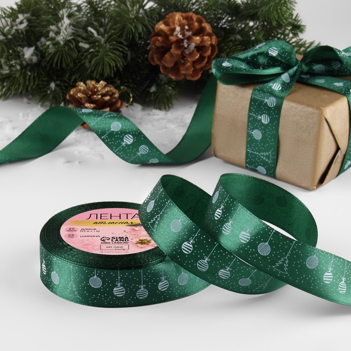 Новый год! Лента атласная «Ёлочные игрушки», 25 мм, 23 ± 1 м, цвет тёмно-зелёный №49 Новый год! Лента атласная «Ёлочные игрушки», 25 мм, 23 ± 1 м, цвет тёмно-зелёный №49