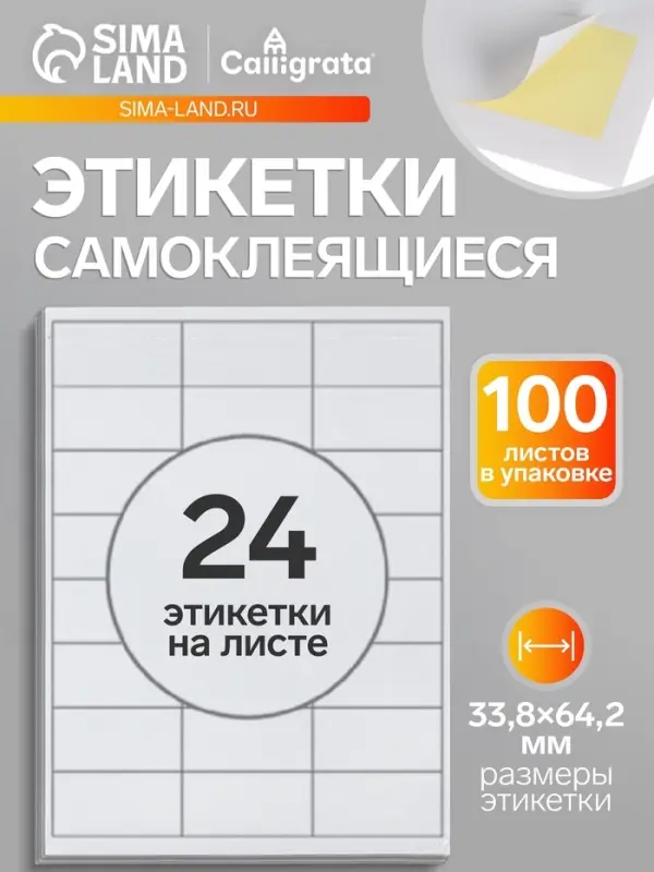 Этикетки А4 самоклеящиеся, 100 листов, 80 г/м&sup2;, на листе 24 этикетки размером 33.8&times;64.2 мм, глянцевые, белые