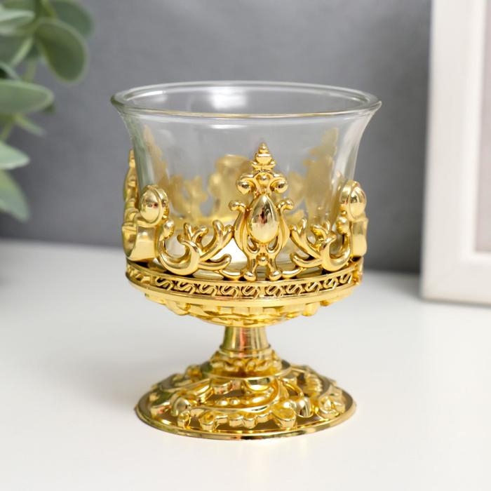 Подсвечник стекло, пластик на 1 свечу Подсвечник стекло, пластик на 1 свечу "Вьюнок" бокал на ножке золото 7,5х6х6 см