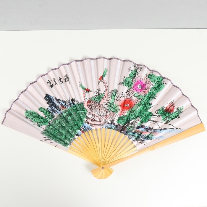 Веер бамбук, текстиль h=50 см  Веер бамбук, текстиль h=50 см "Павлины на ветке" белый