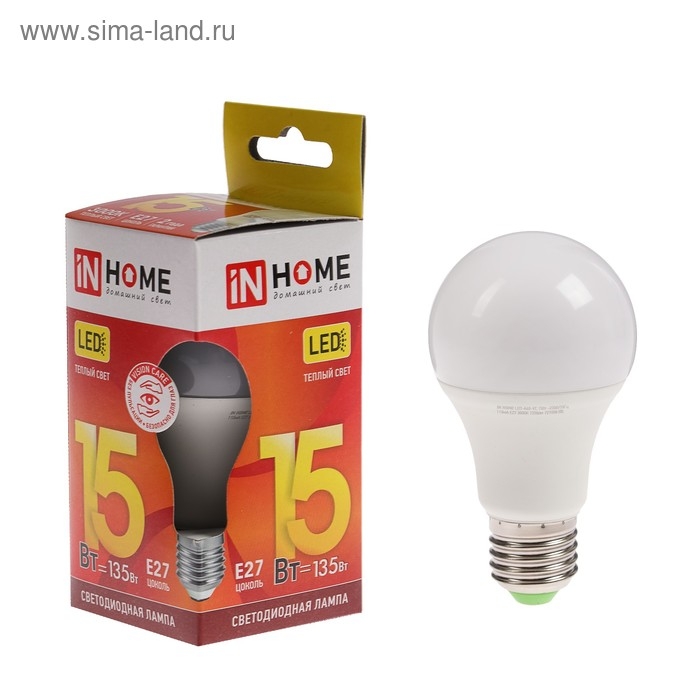 Лампа светодиодная IN HOME LED-A60-VC, Е27, 15 Вт, 230 В, 3000 К, 1350 Лм Лампа светодиодная IN HOME LED-A60-VC, Е27, 15 Вт, 230 В, 3000 К, 1350 Лм