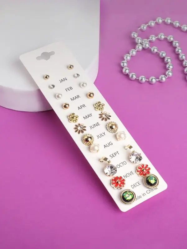 Пусеты 12 пар One year, летний день, цветные в золоте