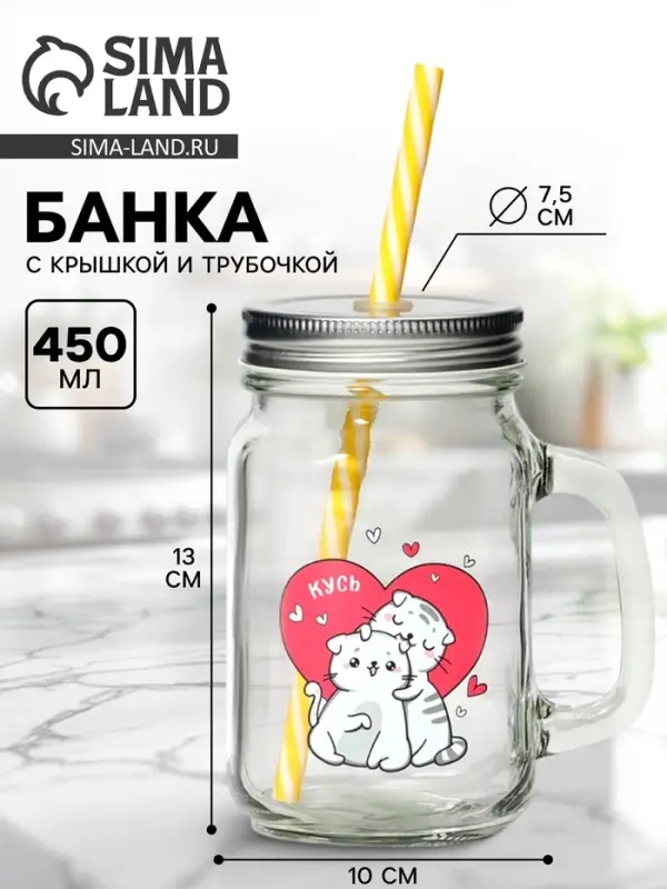 Банка с крышкой и трубочкой &laquo;Котик&raquo;, 450 мл, 10&times;7.5&times;13 см