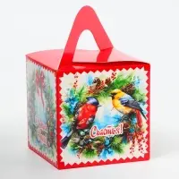 Подарочная коробка Новогодняя Кубик большой «Еловый Венок» 12×12×12 см