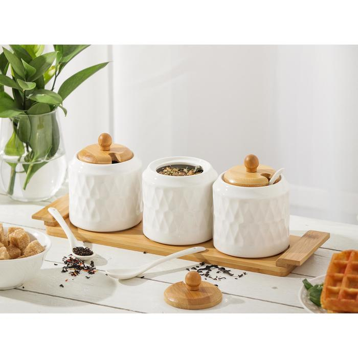 Набор банок фарфоровых для сыпучих продуктов на бамбуковой подставке BellaTenero «Тюльпан», 7 предметов: 3 банки 300 мл, 3 ложки, подставка, керамические, цвет белый