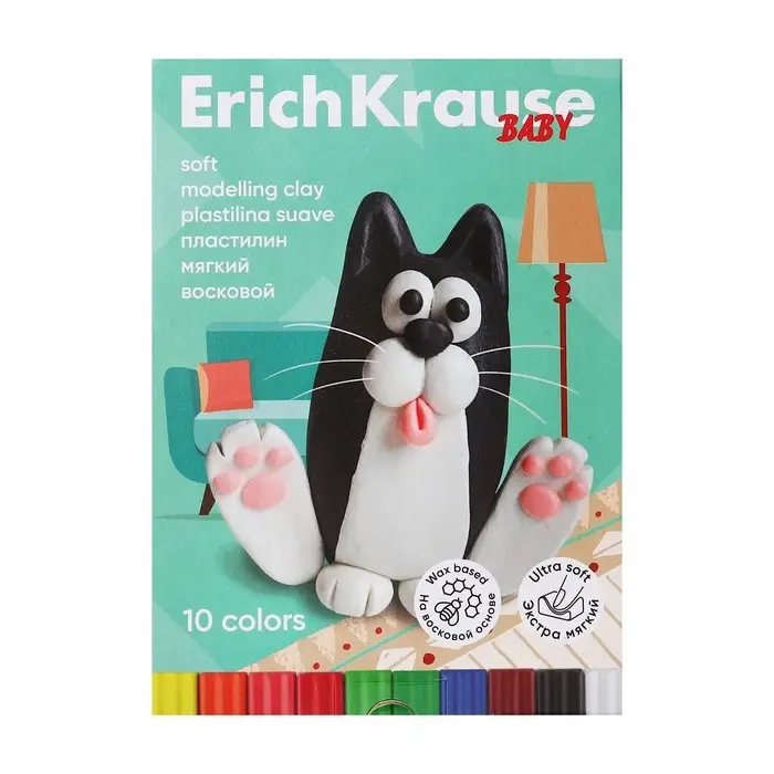 Пластилин мягкий (восковой) 10 цветов, 130 г, ErichKrause  Пластилин мягкий (восковой) 10 цветов, 130 г, ErichKrause "Baby", со стеком, на растительно основе, с Алоэ Вера , европодвес