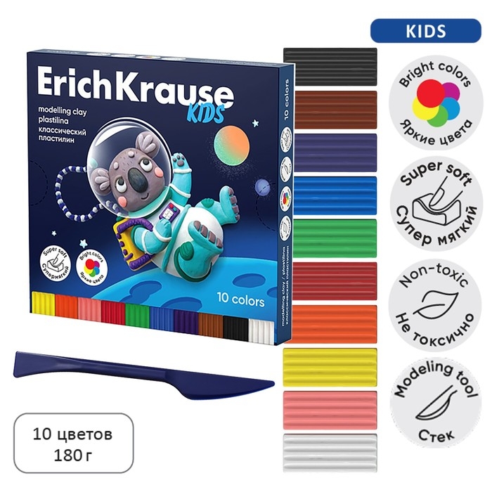 Пластилин 10 цветов, 180 г, ErichKrause Пластилин 10 цветов, 180 г, ErichKrause "Kids Space Animals", со стеком, в картонной упаковке