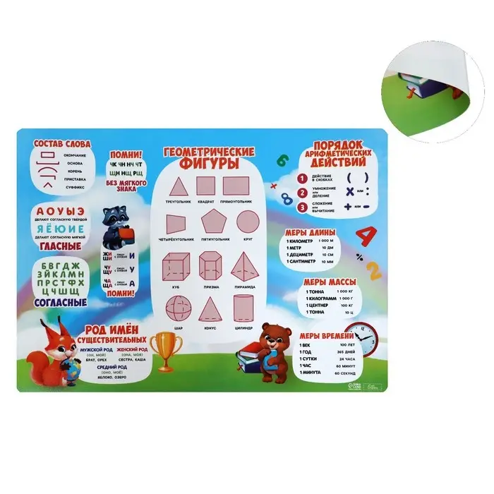 Накладка на стол пластиковая А3 (460 х 330 мм), Calligrata, Накладка на стол пластиковая А3 (460 х 330 мм), Calligrata, "Русский язык/ Математика" 430 мкм, обучающая