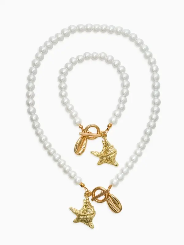 Набор 2 предмета: бусы. браслет &laquo;Жемчуг. Ракушка&raquo;, L=18/42 см, №8, белый в золоте