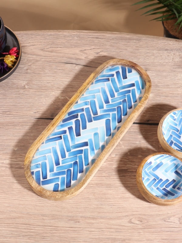 Набор розеток на подносе  Набор розеток на подносе "Синие птицы" (3 шт) дерево манго 33,5х13х6,5 см