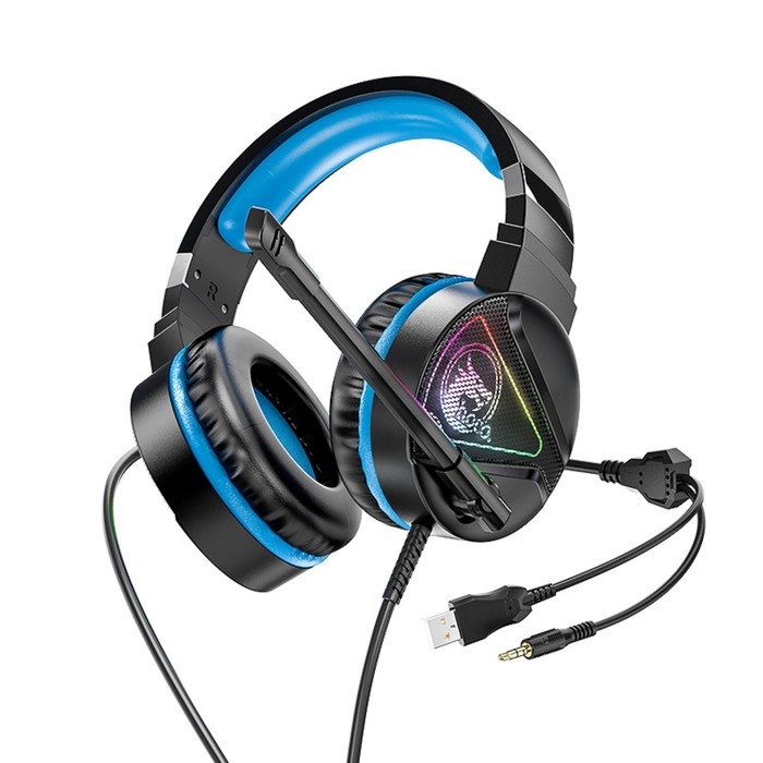 Наушники Hoco W104, игровые, накладные, микрофон, USB + 3.5 мм, 2 м, черно-синие Наушники Hoco W104, игровые, накладные, микрофон, USB + 3.5 мм, 2 м, черно-синие