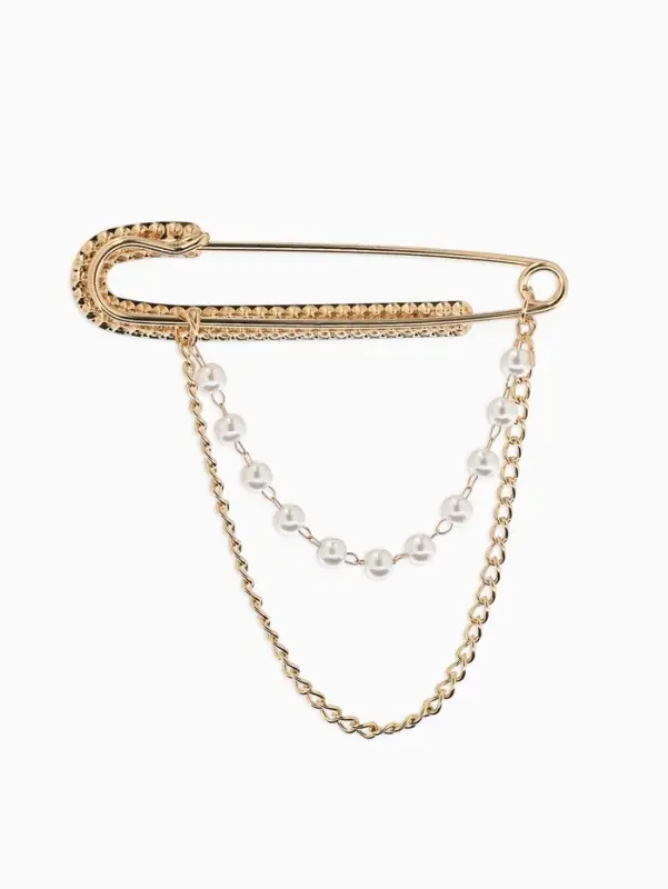 Булавка &laquo;Шик&raquo; в стразах, цепочка, жемчуг, L=7.5 см, цвет белый в золоте