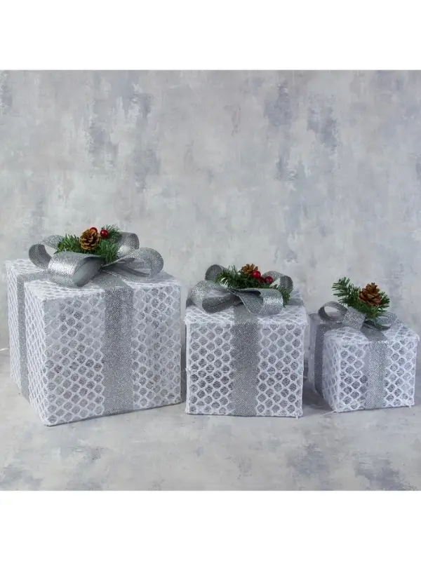 Светодиодная фигура &laquo;Подарки с серой лентой&raquo; 15, 20, 25 см, текстиль, металл, 220 В, свечение белое