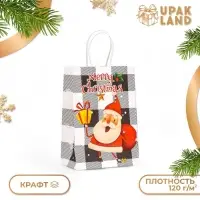 Пакет бумажный подарочный новогодний крафт «Дед Мороз с подарками» 15×21×8 см