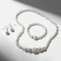 Набор 3 предмета: серьги, колье, браслет &laquo;Жемчуг&raquo;, элегантный, белый в серебре