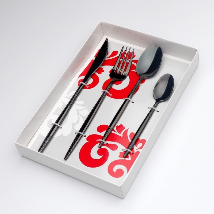 Столовые приборы из нержавеющей стали Доляна «Античность», 4 предмета, цвет чёрный Столовые приборы из нержавеющей стали Доляна «Античность», 4 предмета, цвет чёрный