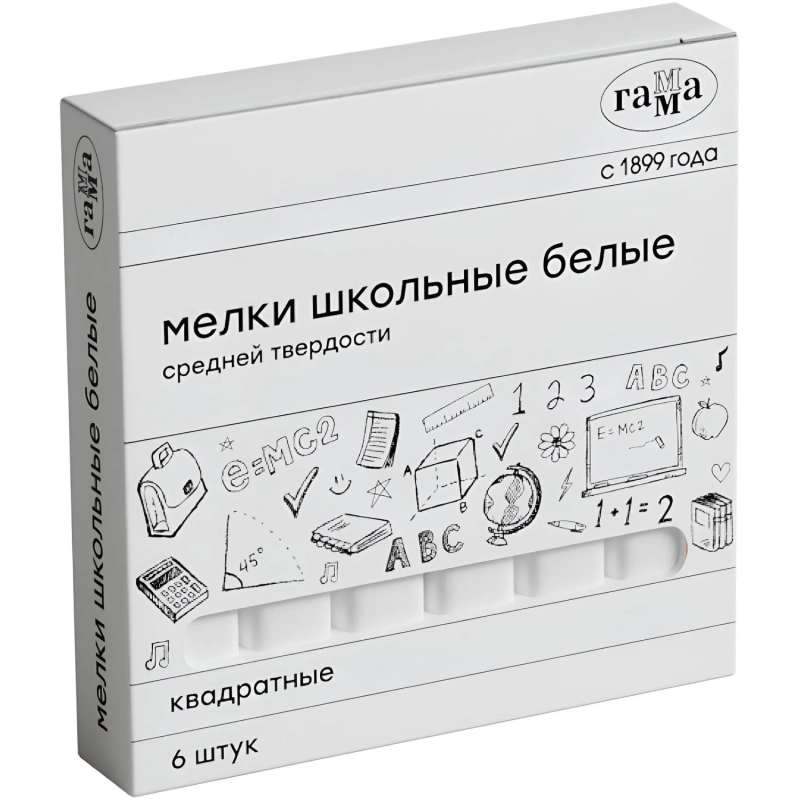 Мел школьный Гамма,бел, наб.6шт.,средн тверд,квадратн, картон кор,280120214