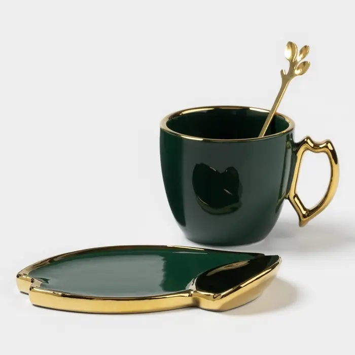 Чайная пара пара &laquo;Ливона&raquo;, 3 предмета: чашка 200 мл, блюдце, ложка, керамика, изумрудная