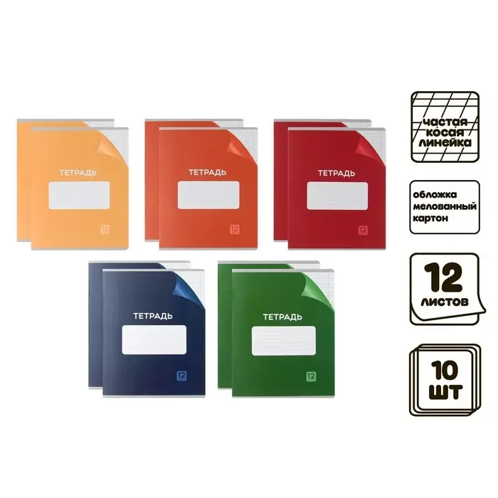 Комплект тетрадей из 10 штук, 12 листов в частую косую линию Calligrata "Однотонная Классика с уголком. Эконом", обложка мелованный картон, ВД- лак, блок №2, белизна 75% (серые листы), 5 видов по 2 штуки
