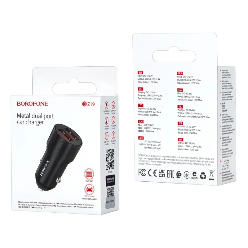 Переходник BZ19 АЗУ на 2 USB 2.4A Borofone черный