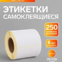 Термоэтикетка 75&times;120 мм, набор 6 шт, диаметр втулки=40 мм, 250 этикеток ЭКО