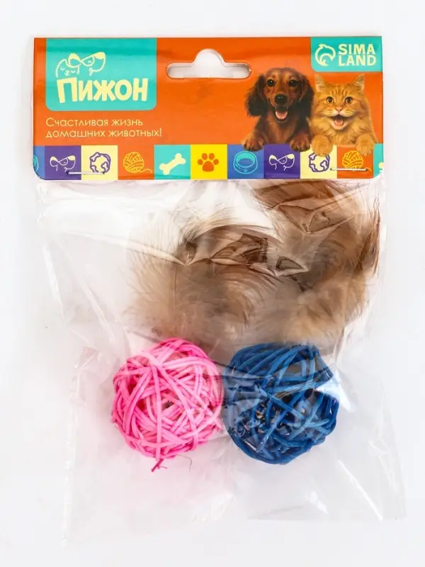 Игрушка для кошек &laquo;Шар из лозы с пером&raquo;, 3.8 см, микс цветов