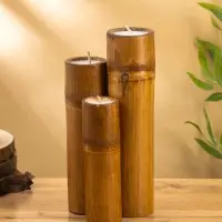 Свеча в бамбуке тройная, 14×15×30 см, 100 мл, бежевая