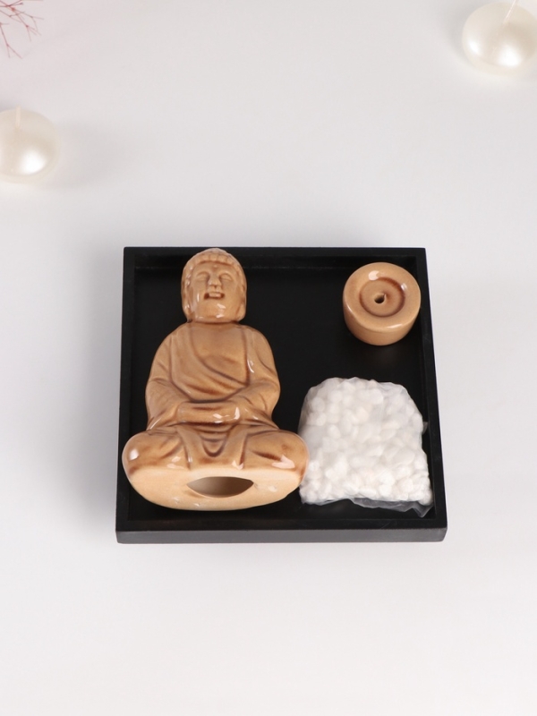 Подставка для благовоний керамика, дерево  Подставка для благовоний керамика, дерево "Будда- медитация" беж 14х14х14,5 см