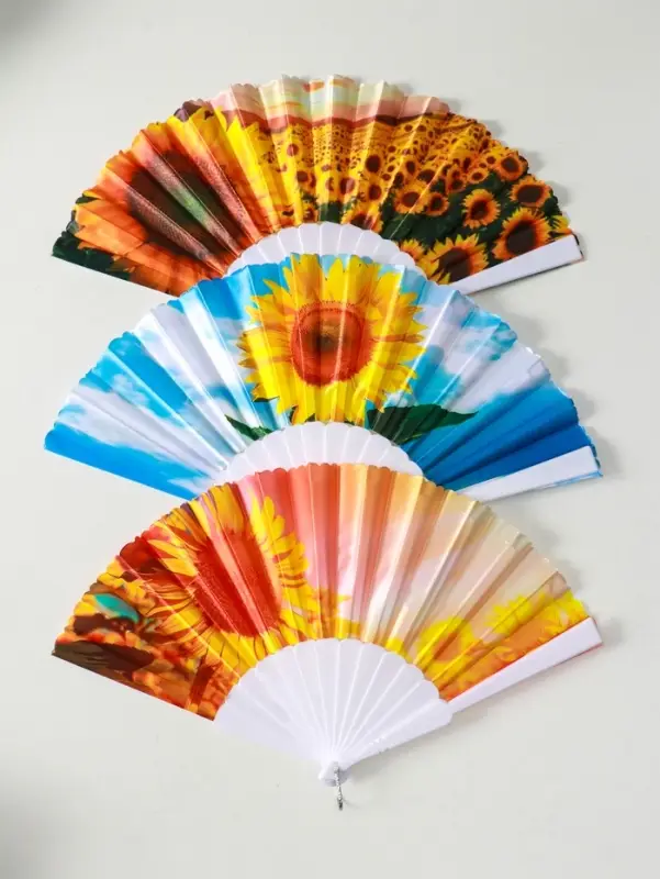 Веер пластик, текстиль Веер пластик, текстиль "Подсолнухи" МИКС широкие лопасти 23 см