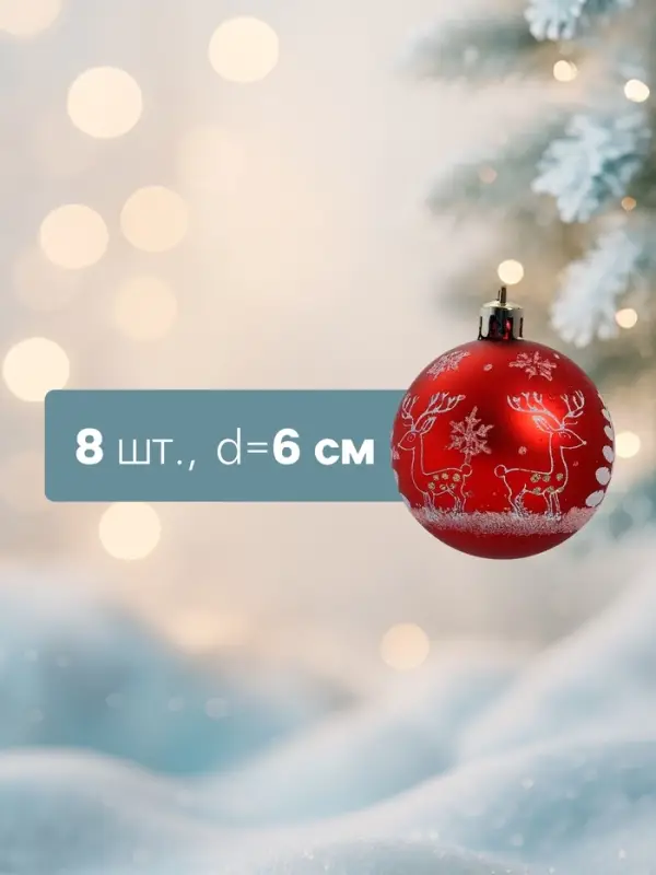 Ёлочные шары &laquo;Оленёнок у ёлочки&raquo;, d=6 см, набор 8 шт., красные