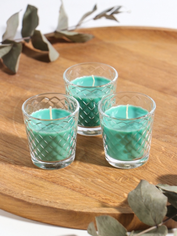 Свеча ароматическая в стакане (набор 3 шт) по 50 мл, 10 ч, 32 гр, ХВОЙНАЯ ИГОЛКА