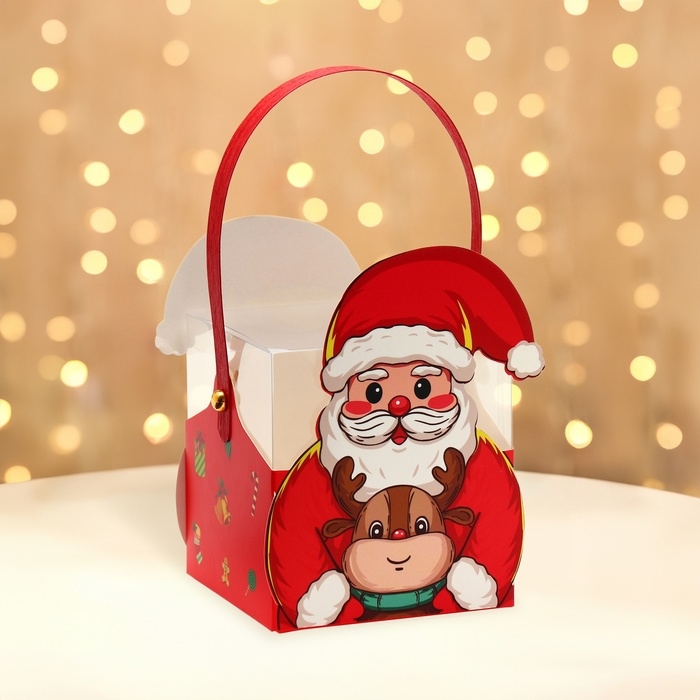 Новый год. Коробка подарочная новогодняя складная ПВХ с ручками, Новый год. Коробка подарочная новогодняя складная ПВХ с ручками, "Санта и подарки", 9 х 9 х 9,5 см.
