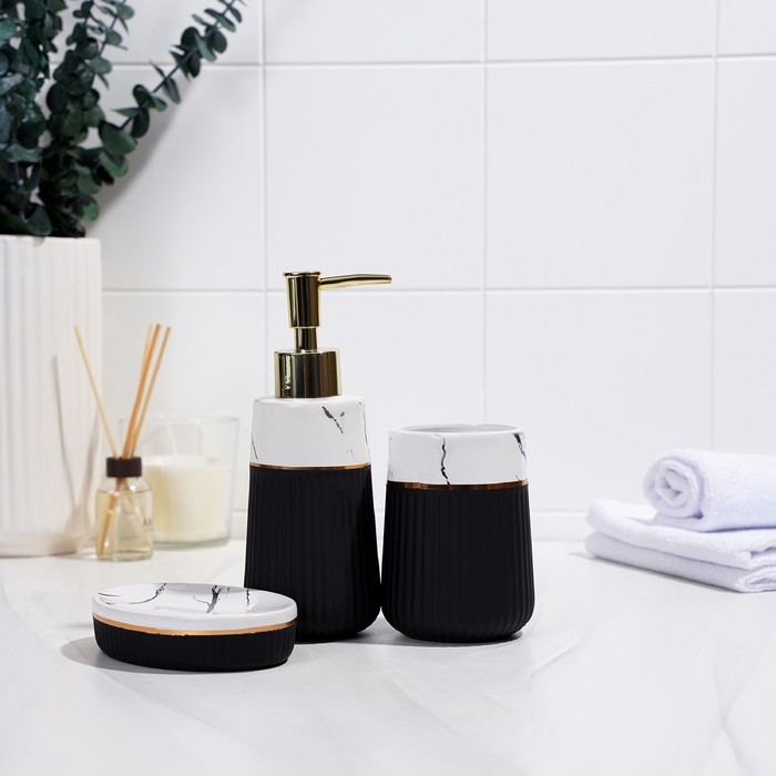 Набор аксессуаров для ванной комнаты SAVANNA Grace, 3 предмета (дозатор для мыла 290 мл, стакан, мыльница), цвет белый мрамор Набор аксессуаров для ванной комнаты SAVANNA Grace, 3 предмета (дозатор для мыла 290 мл, стакан, мыльница), цвет белый мрамор