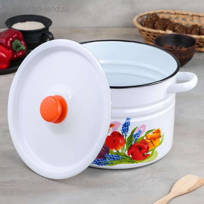 Кастрюля эмалированная цилиндрическая «Тюльпан Май», 8 л, цвет белый Кастрюля эмалированная цилиндрическая «Тюльпан Май», 8 л, цвет белый