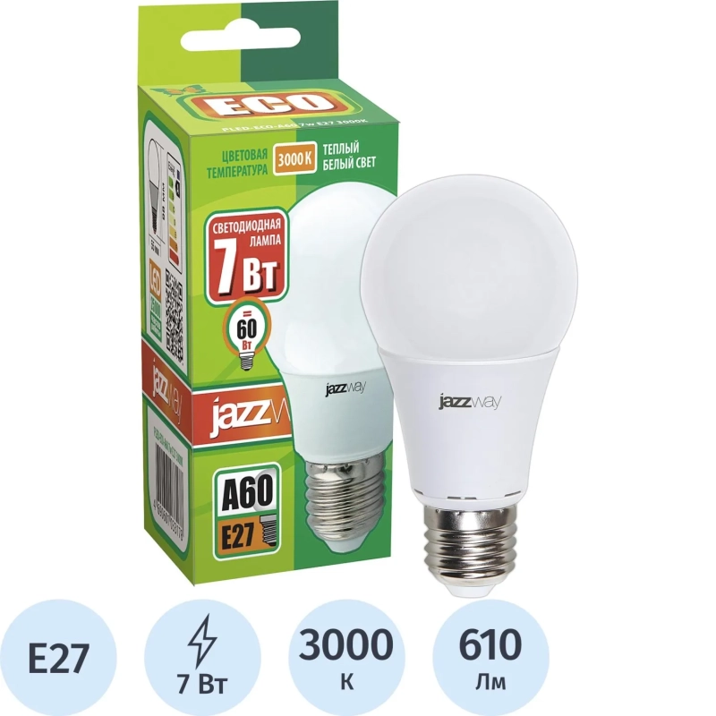 Лампа светодиодная PLED- ECO- A60  7w E27 3000K 220V/50Hz  Jazzway груша