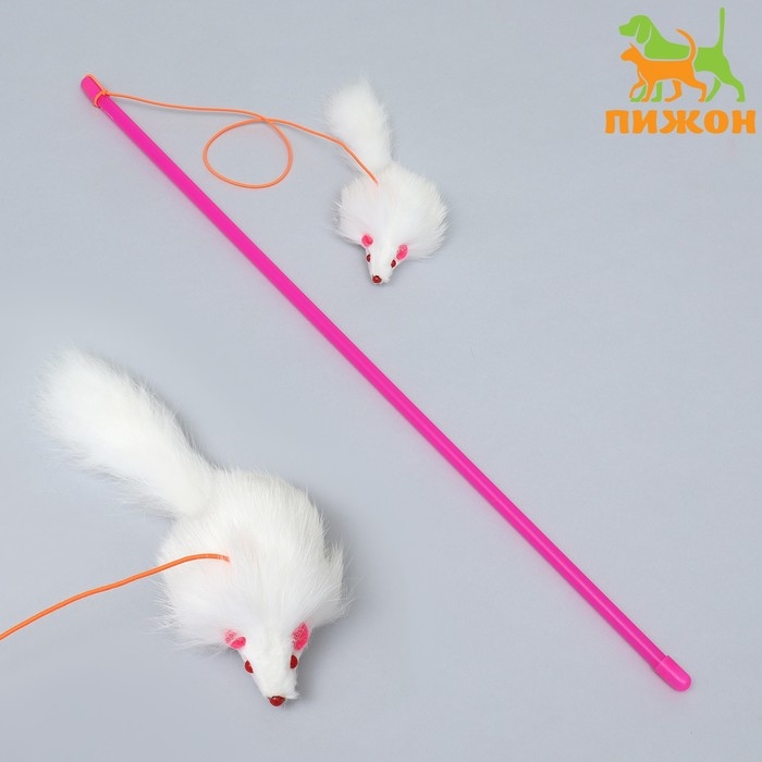 Дразнилка-удочка с белой мышью из натурального меха, 46 см Дразнилка-удочка с белой мышью из натурального меха, 46 см