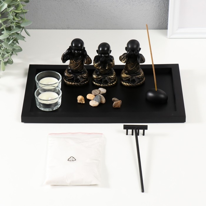 Сад камней Дзен  Сад камней Дзен "Ничего не вижу, не слышу, не скажу" с 2мя свечками и аромапалочкой 28х16,5