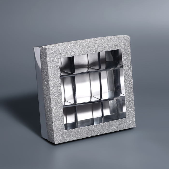 Коробка для 9 конфет серебро глиттер, 12,5 х 12,5 х 4 см. Кондитерская упаковка Коробка для 9 конфет серебро глиттер, 12,5 х 12,5 х 4 см. Кондитерская упаковка