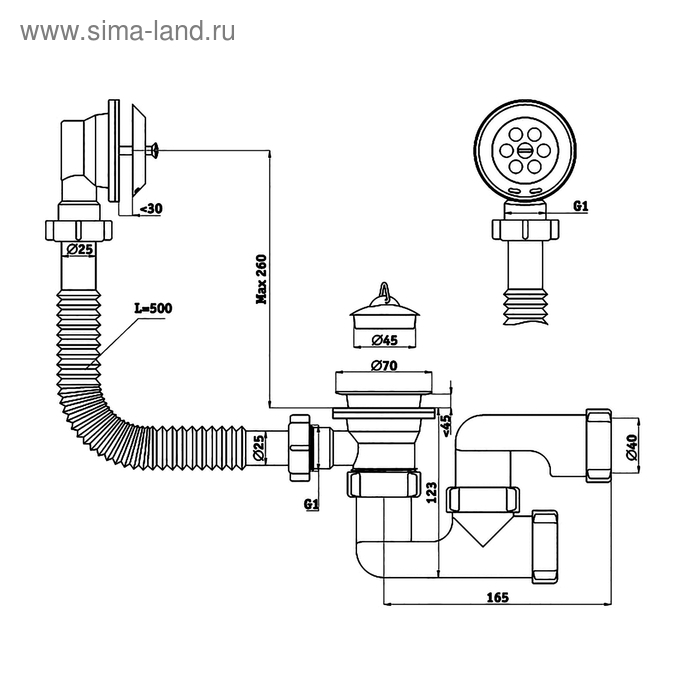 Комплект для ванны  Комплект для ванны "АНИ Пласт" E250: сифон с поворотным коленом